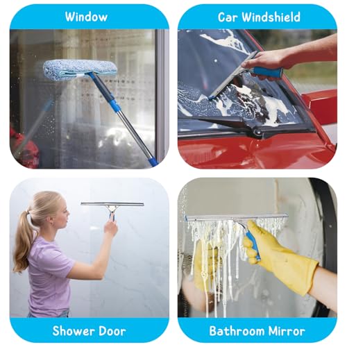Window Squeegee with Scrubber for Home and Outdoor Glasses Cleaning, 6 Ft Long Handle 2 in 1 Professional Window Washing Kit with Replacement Rubber Blade, Car Windshield Cleaner Tool - size: 6 Ft