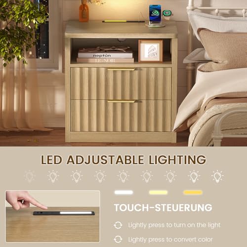Fluted Nightstands Set of 2, Night Stand with Charging Station and LED Light, Storage Drawer and Open Shelf, Modern Bedside Table for Small Space, for Bedroom, Natural - color: Unbzx024rd2-zf