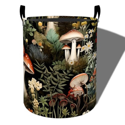 Forest Mushroom Laundry Basket, Flower Design Foldable Oxford Cloth, Waterproof Dirty Clothes Hamper with Handles, Clothing Storage Bucket Toy Organizer for Bathroom Bedroom Dorm, 19.7"x15.7" - style: Mushroom 02