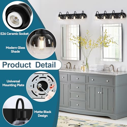 Dpyrrhic Industrial Bathroom Vanity Light， 4-Light Bathroom Lights Over Mirror with Clear Glass Globe Shade and Metal Base, Matte Black Bathroom Vanity Light Fixture - color: Black, size: 4-Light