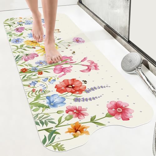 SHUCHING Bath Mat for Tub Non Slip-40x16 Inch, Wildflower | Bathtub Mat for Women Mold Free, Long Shower Mat for Inside Shower with Suction Cup, Machine Washable - color: Wildflower