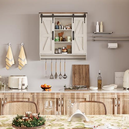 Trironsun Farmhouse Medicine Cabinet 2 Sliding Barn Doors 3 Tier Rustic Wood Wall Storage Cabinet Adjustable Shelf Towel Bar Wall Mounted Bathroom Wall Cabinet (Antique White, 30.71 Inch) - color: Antique White