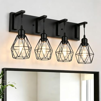 Somniferous 4 Light Bathroom Vanity Light, Farmhouse Bathroom Light Fixtures Over Mirror, Black Vanity Light with Caged Metal Shade, Rustic Wall Light Fixture for Bedroom, Living Room, E26 Socket - size: 4-Light