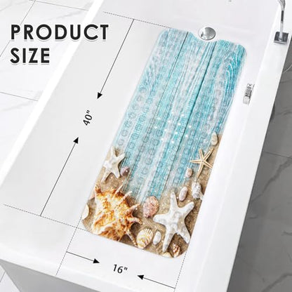 Bath Mat for Tub, Seashells Summer, 40 X 16 Inch, for Bathtub | Space Beach Wood Extra Long Shower with Suction Cups and Drain Holes for Kids Adults Elderly - color: Ocean Starfish Shell