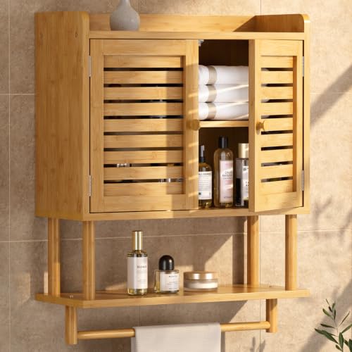 AmazerBath Bathroom Wall Cabinets, Large Bamboo Medicine Cabinets with Towel Bar, Hanging Over Toilet Storage Organizer Cabinet with Adjustable Shelves for Small Spaces, 8.3x21.3x26.6 Inches - color: Natural With Striped Door, size: 21.3" W x 26.6" H