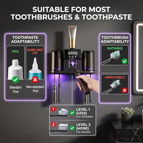 Smart Toothbrush Holder with Automatic Toothpaste Dispenser, Rechargeable Toothbrush Storage Rack with Toothbrush Holder and Mouthwash Cup, Digital Display, Designed for Home Bathrooms (Black) - color: Black