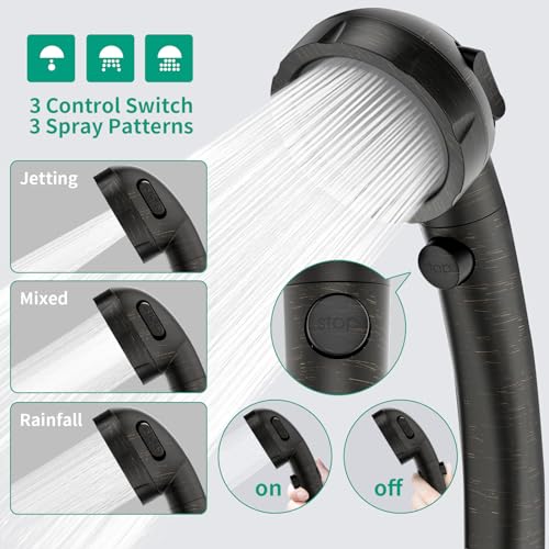 High Pressure Shower Head with Handheld, Oil-Rubbed Bronze | On Off Shower for RV, Water Saving Shower Head with Stop Button and 3 Modes, Detachable RV Shower Head with Hose and Bracket - color: Oil Rubbed Bronze