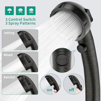 High Pressure Shower Head with Handheld, Oil-Rubbed Bronze | On Off Shower for RV, Water Saving Shower Head with Stop Button and 3 Modes, Detachable RV Shower Head with Hose and Bracket - color: Oil Rubbed Bronze