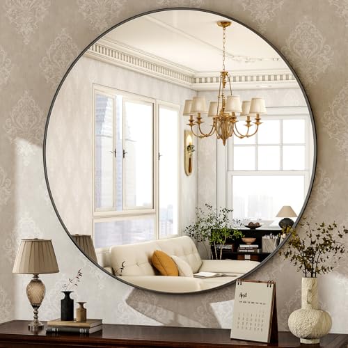 HARRITPURE Round Mirror 36 Black Wall Mounted Circle Mirrors | Vanity Mirror with Aluminum Alloy Frame, Modern Decoration for Bathroom, Living Room, Vanity, Bedroom, Entryway - color: Black, size: 36"L x 36"W