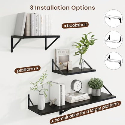 Deep Floating Shelves, 16'' x 10'' Black Wall Shelves Set of 2 | 10 Inch Deep Shelves with Heavy Duty Brackets, Rustic Wood Shelves for Bathroom Living Room, Engineered Wood, 35LBS - color: Black, size: 16W x 10D