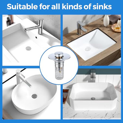 Bathroom Sink Drain Strainer, Pop-up Sink Stopper Hair Catcher with Removable 304 Stainless Steel Strainer Basket Hair Catcher, Bathroom Sink Strainer for Bathroom Sink Stopper Replacement, 2 PCS