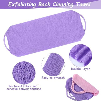 Exfoliating Washcloth with Handles, 3Pcs Back Exfoliator Body Scrub Towel | Easy to Foam, Double-Sided, Stretchable Back Washer for Shower for Women Men(Green, Pink, Purple)