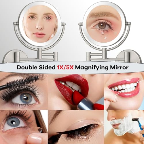 8 Inch Rechargeable Brass Lighted Magnifying Mirror Wall Mounted, 1X/5X Double-Sided Bathroom Personal Makeup Mirror with Light, Brushed Nickel | 8-Inch, 1X/5X Magnification, 2-Sided, Bathroom Personal Makeup Vanity, Brass Extended Arm, 360 Rotation, 3 Co