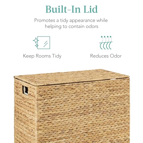 Best Choice Products Large Double Laundry Hamper with Lid, Natural Handwoven Water Hyacinth, 2 Sections w/ 2 Machine Washable Linen Liner Bags, Portable, Handles - Natural - color: Natural