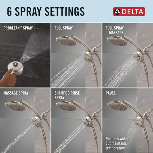 Delta 6-Setting PivotPro 3-in-1 Combination Shower Head with ProClean Spray, Brushed Nickel Round Shower Head Rainfall with Handheld Spray, 1.75 GPM, SpotShield Brushed Nickel 75649SN - color: Spotshield Brushed Nickel