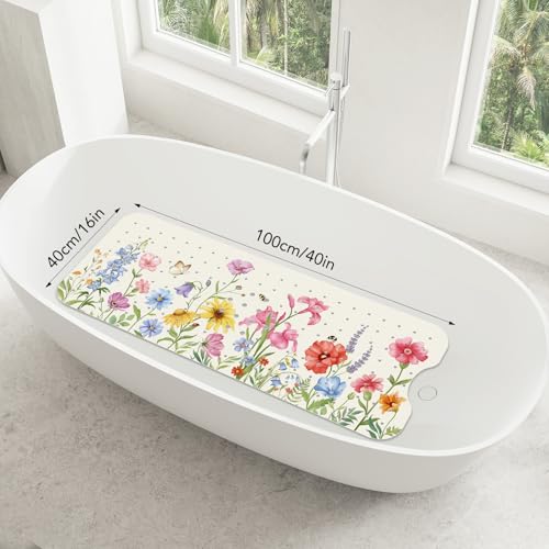 SHUCHING Bath Mat for Tub Non Slip-40x16 Inch, Wildflower | Bathtub Mat for Women Mold Free, Long Shower Mat for Inside Shower with Suction Cup, Machine Washable - color: Wildflower