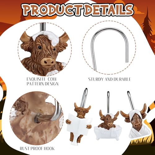 Roowest 12 Pcs Adult Highland Cow Shower Curtain Hooks Western Shower Curtain Hooks Stainless Steel Rust Resistant Rings Hangers for Winter Farmhouse Rustic Bathroom Decor - style: Adult Highland Cow