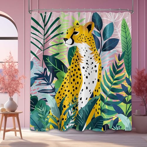 Tropical Leopard Extra Long Shower Curtain, Tall 72x78 in | Tall 78 inch XL, Floor to Ceiling, Pink and Green Natural Leaves Pattern, Waterproof Polyester Fabric, with Metal Hooks - color: Cheetah, size: 70"W x 78"L (Pack of 1)