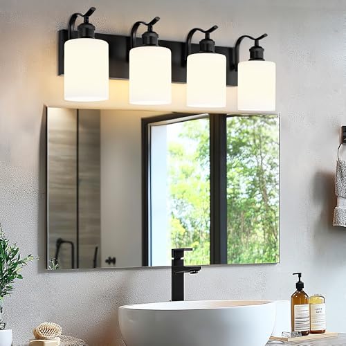 Black Vanity Light, 4-Light Bathroom Light Fixture, Modern Wall Sconce with Milk Glass, VL01BKW-4 - color: Black & Milk Glass, size: 4 LIGHT