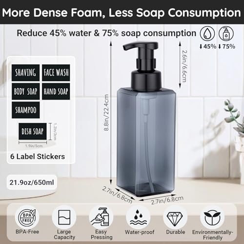 Segbeauty Empty Foam Bottle for Kitchen 22oz, 2pcs Plastic Foaming Soap Dispenser Bathroom, 650ml Gray Square Foam Pump Bottle with Label Stickers, Refillable Foaming Hand Soap Dispenser Large - color: Gray, style: 2pcs 22oz