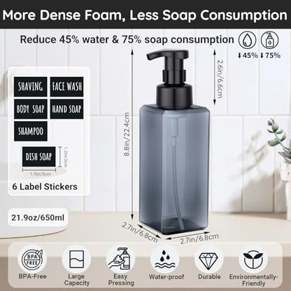 Segbeauty Empty Foam Bottle for Kitchen 22oz, 2pcs Plastic Foaming Soap Dispenser Bathroom, 650ml Gray Square Foam Pump Bottle with Label Stickers, Refillable Foaming Hand Soap Dispenser Large - color: Gray, style: 2pcs 22oz