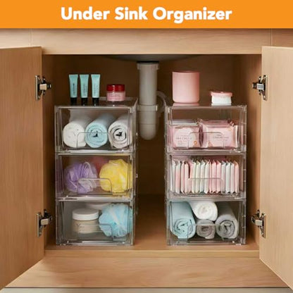 2 Pack Stackable Storage Drawers,Plastic Organizers Bins, Drawers Storage with Handles and Movable Dividers for Organization and Storage in Fridge,Bathroom, Pantry, Kitchen Cabinets, Under Sink - size: 2Pack 4.4"H-with Dividers