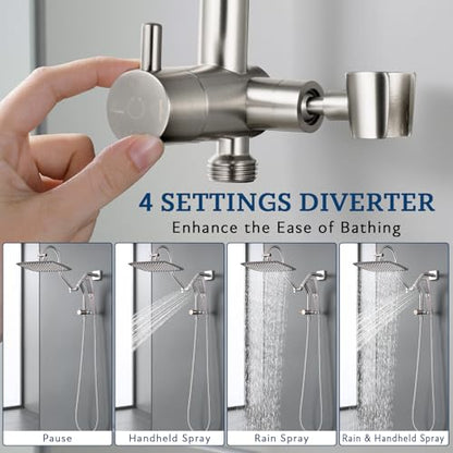 G-Promise Metal Shower Diverter with Low Handheld Holder (Brushed Nickel) | 6 Inch Downward-Extend Bracket for All Heights, 4 Spray Modes with Pause Mode, Anti-Leak, Easy Install, Universal Replacement - color: Brushed Nickel, size: Lower 6 Inch