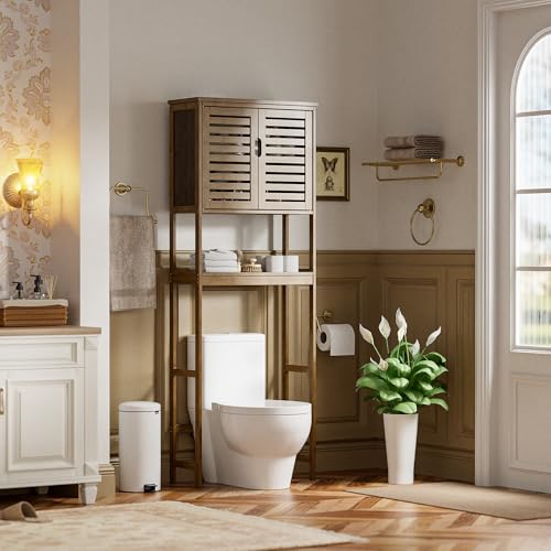 SMIBUY Bathroom Storage Shelf with Cabinet, Bamboo Over-The-Toilet Organizer Rack, Freestanding Toilet Space Saver with 3-Tier Adjustable Shelves (Walnut) - color: Walnut