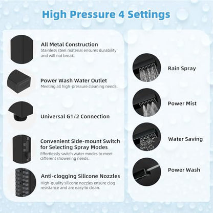 Hibbent All Metal CUPC Certified 12'' Rainfall Shower Head, Dual Shower Head Combo, High Pressure Handheld 4 Sprays Shower Wand, 16'' Adjustable Extension Arm, 71'' Hose, Shower Holder, Matte Black - color: Matte Black, style: Square 12''
