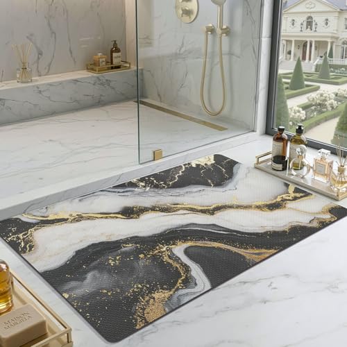 Color&Geometry Thin Bath Mat Non Slip,Thin Bathroom Rugs fit Under Door | 32"x20" Washable Bath mats for Bathroom,Bath Mat Quick Dry Low Pile Bathroom Rug for Bathtub and Shower Floor - color: Black and White With Gold, size: 20"x32"
