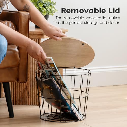 IRIS USA Round Wire Basket with Wooden Lid, 2 Pack | Living Room Bathroom Kitchen Storage, Water Resistant Surface - style: Round- 2 Pack