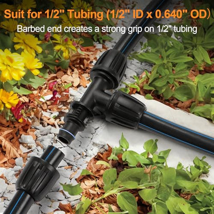 12 Pieces 1/2 Inch Drip Irrigation Tee Fittings, 1/2'' Drip Line Barbed Locked Tee Connectors for 1/2 Inch Irrigation Tubing (1/2" ID x 0.650" OD) Anti-leak 3-Way Irrigation System Parts - size: 1/2" Nut Tee 12 Pcs