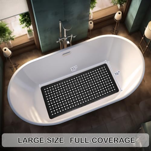 Non-Slip Bathtub and Shower Mats, Power Grip Bath Mat 35 x 16.3 Inch with Suction Cups and Drain Holes for Tub Bathroom Floor Safety, Machine Washable Soft Bathmat, Black - color: Black