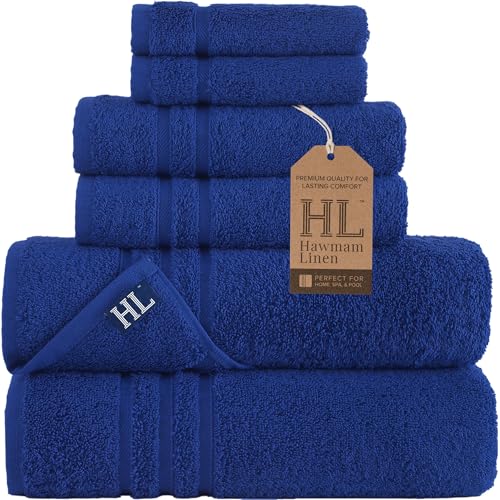 Hawmam Linen Royal Blue 6 Piece Bath Towels Set for Bathroom Original Turkish Cotton Soft, Absorbent and Premium 2 Bath Towels, 2 Hand Towels, 2 Washcloths - color: Royal Blue, size: 6 Piece Towel Set (2 Bath, 2 Hand, 2 Wash)