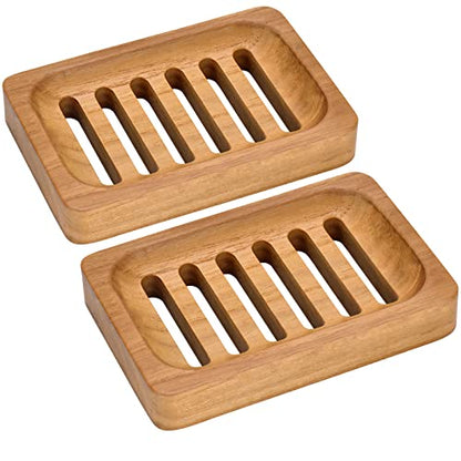 DEBETOOL 2-Pack Teak Wood Soap Dish, Waterproof Self Draining Bar Soap | Holder Caddy for Bathroom and Kitchen, Natural Wooden Soap Saver Tray for Countertop and Shower Sink