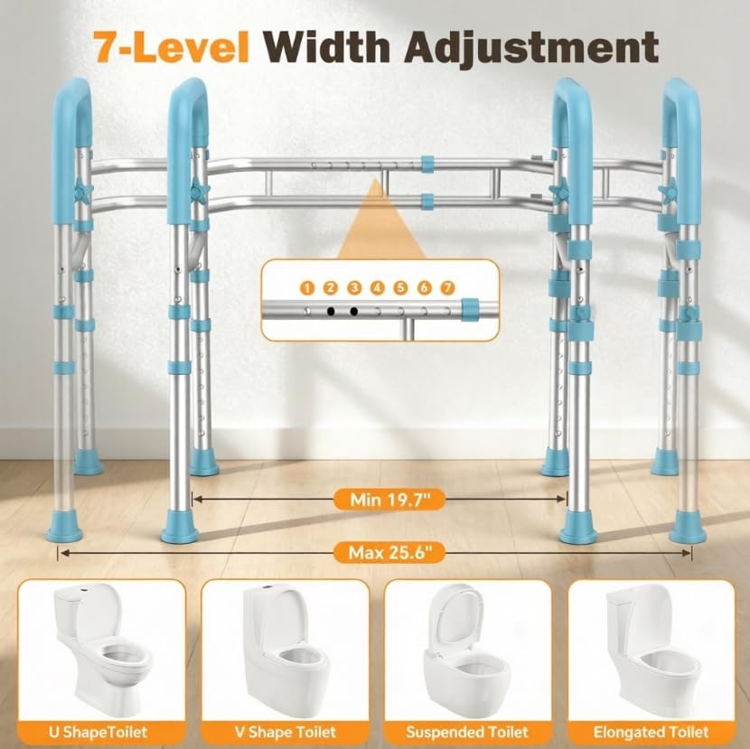 Toilet Safety Rails for Seniors, Adjustable Height & Width Toilet Safety Frame with Handles (350LB Capacity), Elderly Assistance Products for Handicapped, Foldable Toilet Bars Fits Any Toilet（Blue） - color: Blue