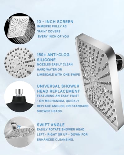 Square Shower Head, 6 Spray Modes High Pressure 10 Inch Chrome Shower heads, Rainfall & Massage Anti-Clog Nozzles Easy-Clean Surface for Spa Experience, Large Showerheads - color: Chrome
