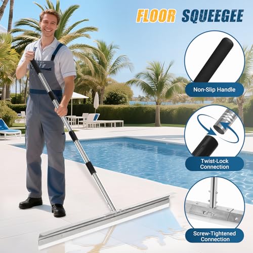 CAROD 33.4" Large Floor Squeegee for Concrete, Commercial Heavy Duty Silicone Blade Squeegee for Floor with 63" Stainless Handle, Anti-Splash Curved Baffle for Garage, Factory, and Tough Cleaning Jobs