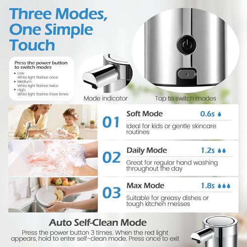 Automatic Soap Dispenser Touchless Soap Dispenser, 360 ML Rechargeable Sensor Pump with 304 Stainless Steel, 3-Level Adjustable, Water-Resistant for Kitchen Bathroom, Silver