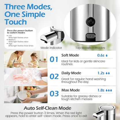 Automatic Soap Dispenser Touchless Soap Dispenser, 360 ML Rechargeable Sensor Pump with 304 Stainless Steel, 3-Level Adjustable, Water-Resistant for Kitchen Bathroom, Silver