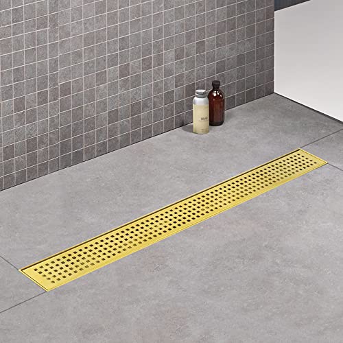 28 inch Linear Shower Drain Brushed Gold with Grate Removable | Square Hole Panel,AISI 304 Stainless Steel Fast Drainage Rectangle Hidden Shower Trench,Detachable Hair Catcher,Leveling Feet - color: Gold, size: 28 inch+No Base