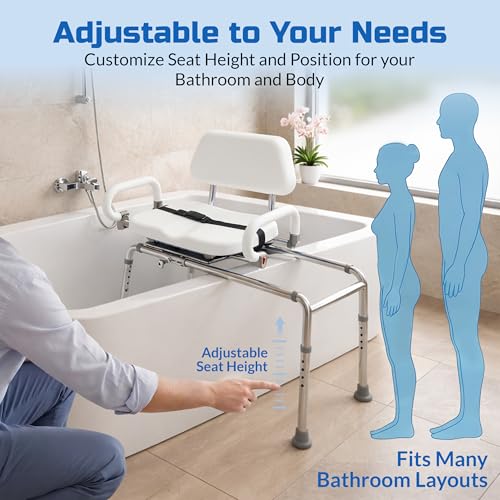 Carousel Sliding Shower Chair Tub Transfer Bench with Swivel Seat Elderly | Slide Safely In & Out of the Tub - White, padded seat, padded armrests, swivel seat, backrest, heavy-duty, extra-wide seat - color: White