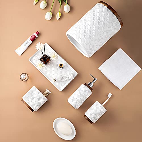 RQYIXI 6Pcs Ceramic Bathroom Accessories Set,Cream White,Embossed Textured | Ceramic & Wooden Bathroom set includes: Soap Dispenser Toothbrush Holder Tray Tumbler Soap Dish Trash Can - color: B-white