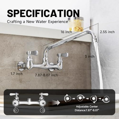 Wall Mount Kitchen Faucet 16" Gooseneck Swivel Spout, Chrome | Lead-Free Solid Brass,Dual Handle Hot/Cold,8" Center,Commercial Sink Faucet for Laundry Restaurant Utility Sinks,Rustproof - size: 16 Inch