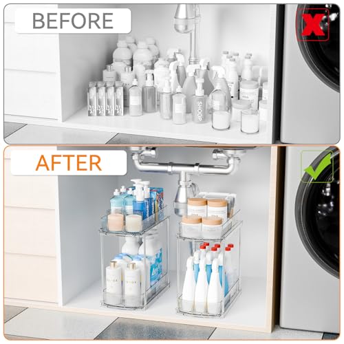 3 Pack 13.8″ Deep 2 Tier Under Sink Storage Organizer,Large Pull Out Bathroom Organizers and Storage,Slide Out Acrylic Undersink Storage Shelf,Kitchen Under Sink Organizer for Cleaning Products - style: 3 Pack-2 Tier