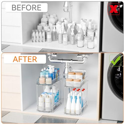 3 Pack 13.8″ Deep 2 Tier Under Sink Storage Organizer,Large Pull Out Bathroom Organizers and Storage,Slide Out Acrylic Undersink Storage Shelf,Kitchen Under Sink Organizer for Cleaning Products - style: 3 Pack-2 Tier