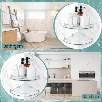 Gejoy Glass 2 Pack Corner Shower Shelf, Bathroom Corner Shelves Wall Mounted with Tempered Glass and Rustproof Brackets, Floating Shower Organizer for Shampoo, Soap and Bath Accessories, 9.25 Inch
