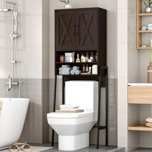 Vabches Metal Frame Over The Toilet Storage Cabinet, Espresso | Farmhouse Over Toilet Storage Cabinet with 2 Barn Doors, Home Space-Saving Toilet Rack for Bathroom, Toilet, Laundry Room - color: Espresso, style: Iron frame