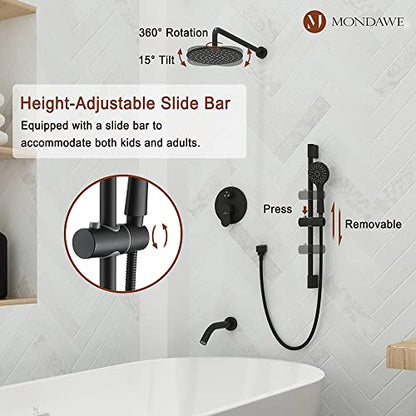 MONDAWE 9 Inch Wall Mounted Shower Faucet Set with Tub Spout in Matte Black, Rainfall Shower Head with 3-Setting Handheld Spray Shower Combo, High Pressure Shower System with Solid Brass Valve - color: Matte Black, style: 9 IN - With Tub Spout