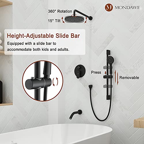 MONDAWE 9 Inch Wall Mounted Shower Faucet Set with Tub Spout in Matte Black, Rainfall Shower Head with 3-Setting Handheld Spray Shower Combo, High Pressure Shower System with Solid Brass Valve - color: Matte Black, style: 9 IN - With Tub Spout